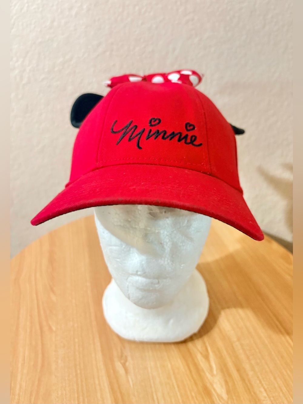 Disney Minnie Mouse Baseball Cap Hat Red Black Adjustable Bow & Ears FLAW